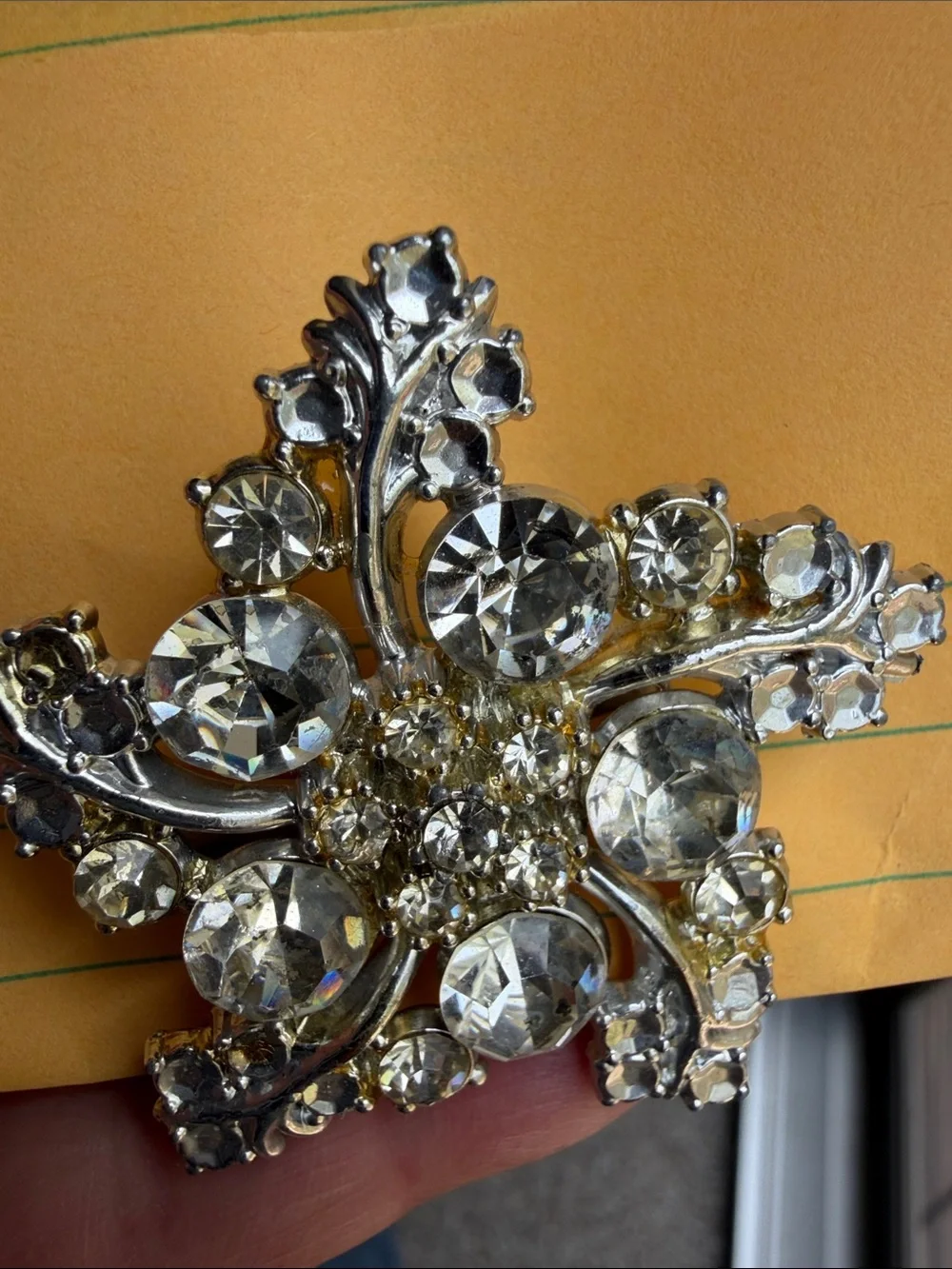 Vintage Mid Century Crystal Floral Burst Rhinestone Brooch - Silver Tone